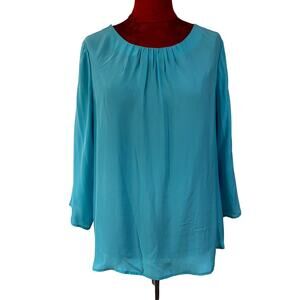 Talbots silk popover top 3/4 sleeve aqua blue scoop neck prairie style 14P NEW